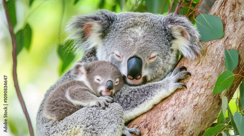Fototapeta premium A koala snuggling a baby joey in the fork of a eucalyptus tree.