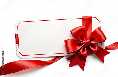 Blank Gift card with luxury decorative satin ribbon, bow, template for gift voucher, card, certificate, coupon.