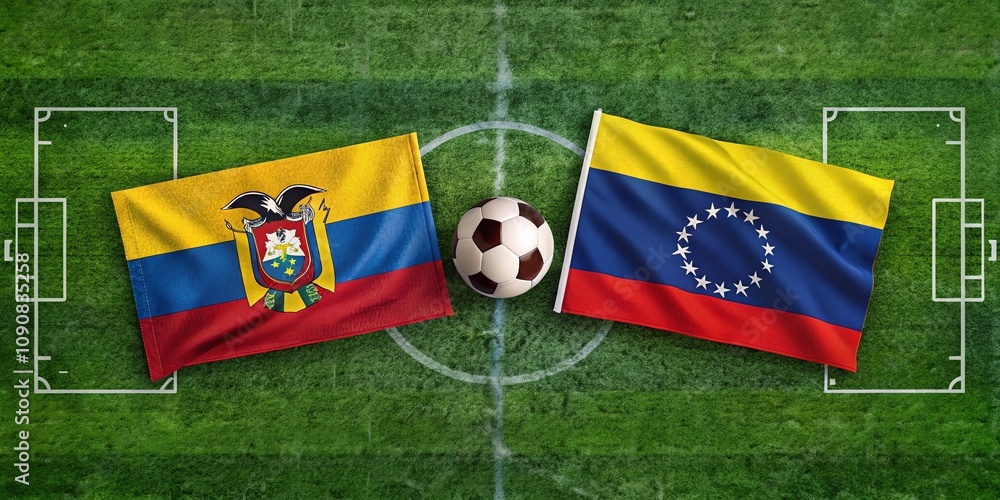 Fototapeta premium Flags of Venezuela and Ecuador Representing Their Teams in America's Cup Soccer Group B for Copa America 2024: A Vibrant Display of National Pride and Competition