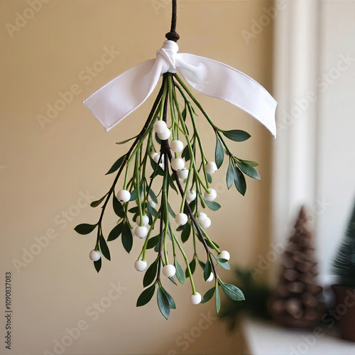 Mistletoe branches hang from the ceiling