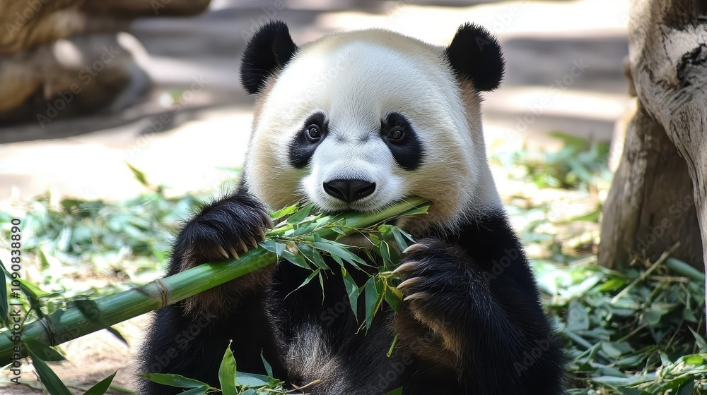 Obraz premium A panda munching on a thick stalk of bamboo in a tranquil sanctuary.