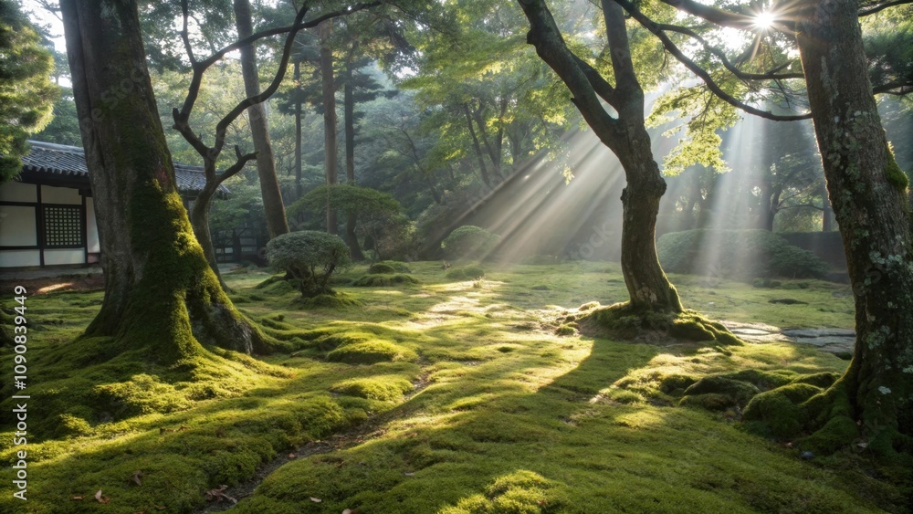Obraz premium Sunlight filters down casting intricate patterns on the mosscovered ground inviting exploration and wonder.