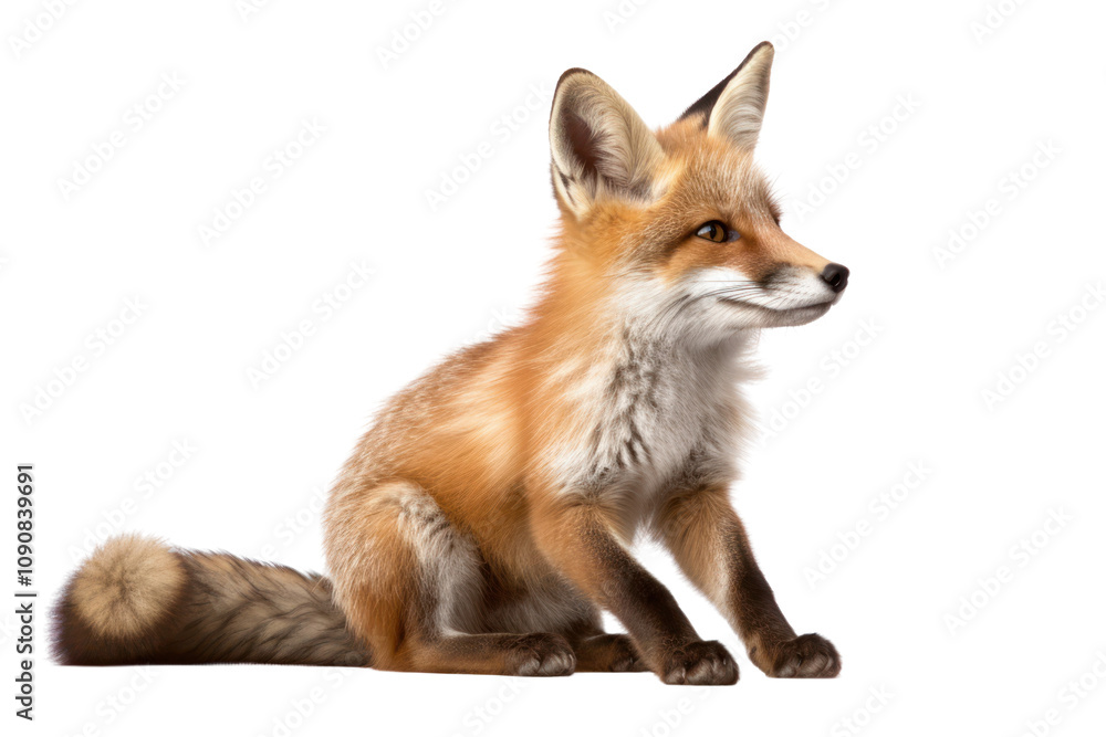Fototapeta premium A close-up of a fox sitting with its tail curled around its body isolated on white background