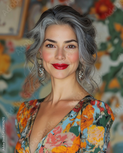 Smiling Mature Woman with Gray Hair in Colorful Ethnic Attire