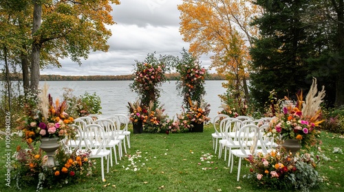 Rustic Fall Wedding Ceremony with Floral Arch and Lake View photo