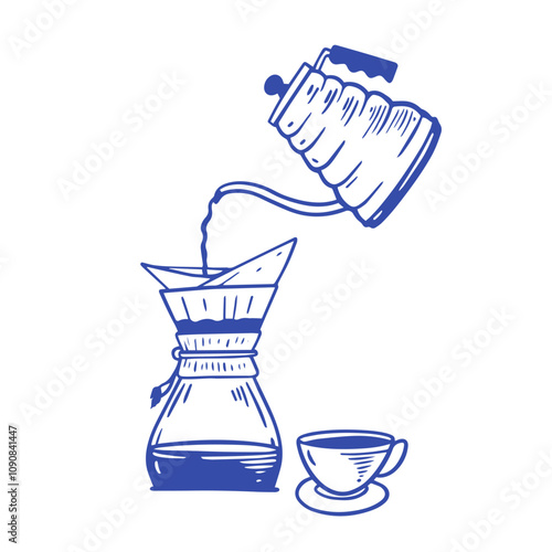 An Artistic Illustration Depicting the Process of Brewing Coffee with a Pouring Kettle