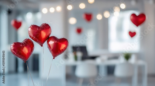 White minimalist office interior decorated with red balloons. Light blurry abstract background for Valentine's Day