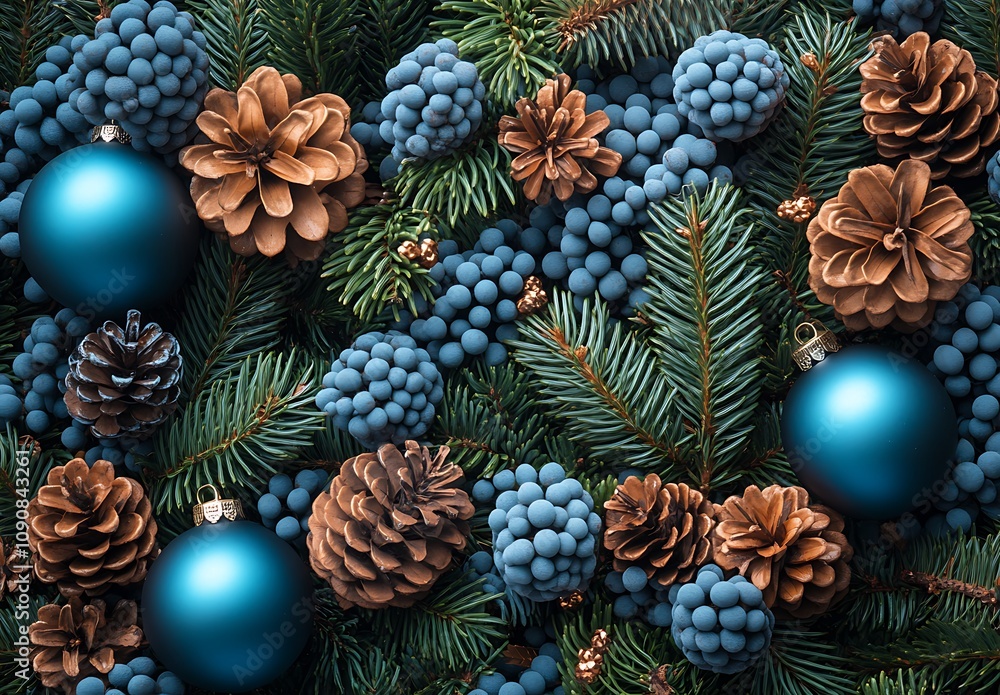 Fototapeta premium Blue Ornaments and Pine Cone Display