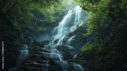 A captivating view of Amicalola Falls cascading down rocky cliffs surrounded by lush greenery in the serene afternoon light photo