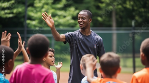 A boy instructing younger kids in baseball during a sports camp.