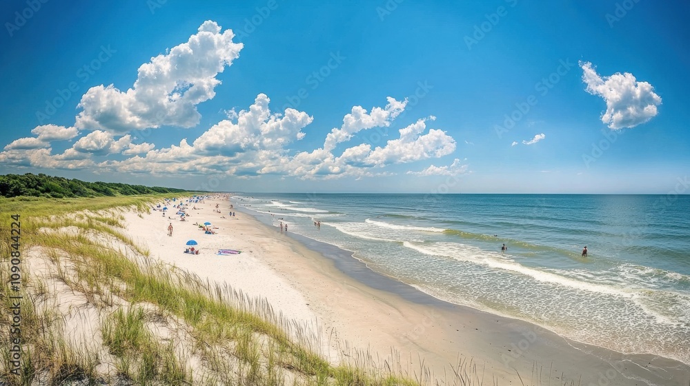 A relaxing day at the beach with golden sand, gentle waves, and people enjoying the sun along the shoreline in summer A relaxing day at the beach with golden sand, gentle waves, and people enjoying the sun along the shoreline in summer