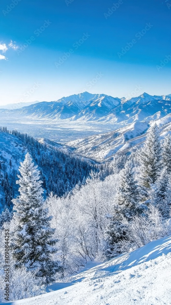 Obraz premium Breathtaking winter landscape of the Wasatch Mountains showcasing snow-covered peaks under a clear blue sky