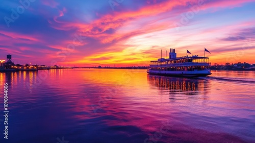 A breathtaking panorama of the Mississippi River at sunset with a riverboat gliding peacefully across the shimmering water