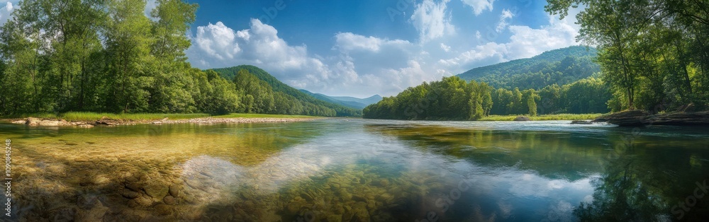 Fototapeta premium A panoramic view of the serene Greenbrier River surrounded by lush greenery and majestic mountains on a clear sunny day