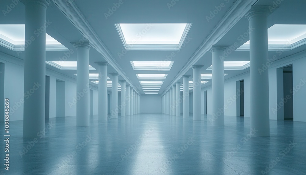 Spacious, modern gallery interior with bright lighting and elegant columns, perfect for exhibitions and events. Spacious, modern gallery interior with bright lighting and elegant columns, perfect for exhibitions and events.
