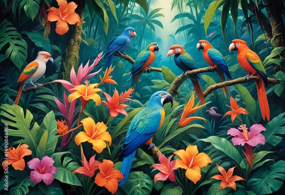 Tropical exotic pattern with animal and flowers in bright colors and lush vegetationn Tropical exotic pattern with animal and flowers in bright colors and lush vegetationn