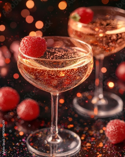 Two sparkling champagne cocktails garnished with fresh raspberries, set against a festive, blurred background. photo