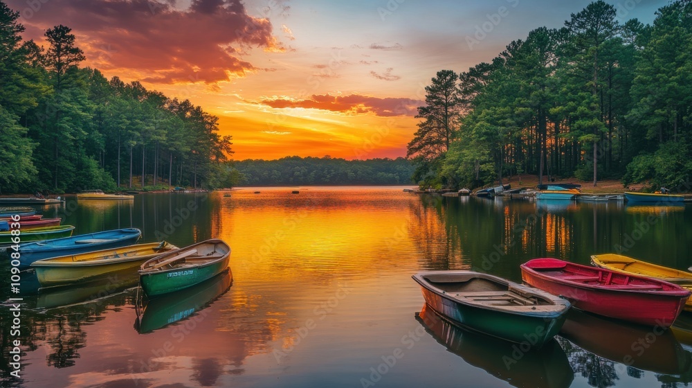 Obraz premium Tranquil sunset reflections on the calm waters of Lake surrounded by colorful boats and lush trees in a peaceful setting