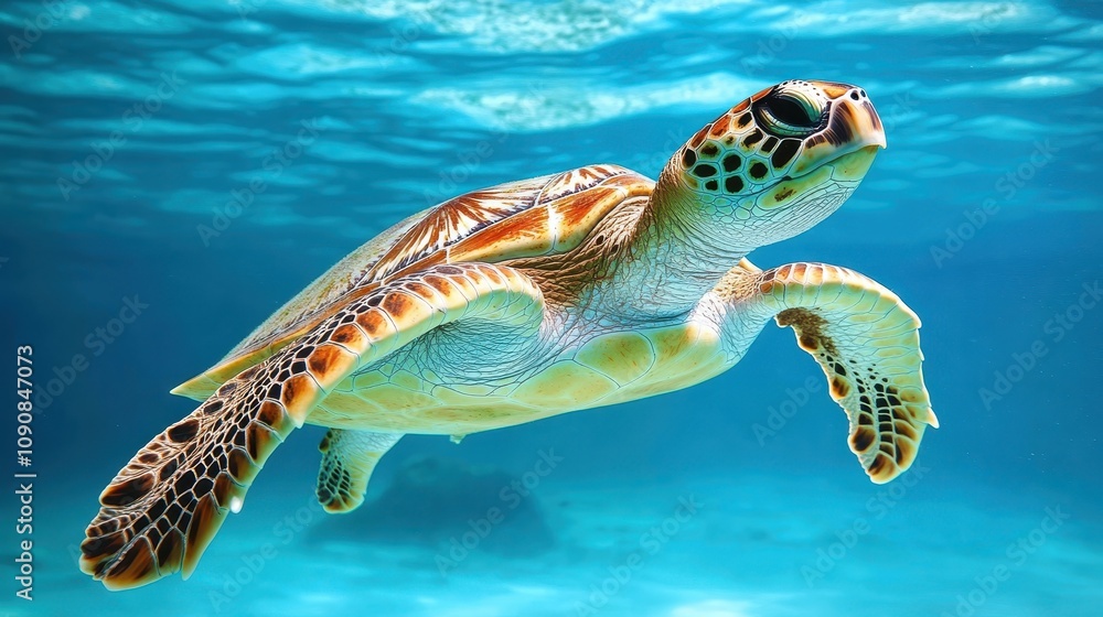Fototapeta premium A sea turtle gliding peacefully through clear blue ocean waters.