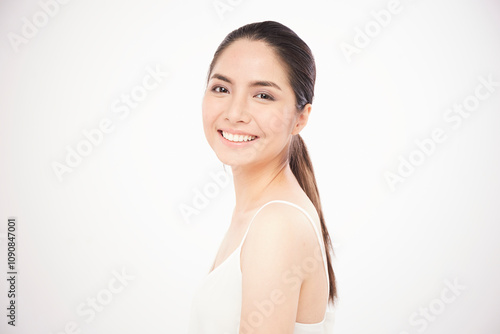 Portrait of Asian girl smile on white background