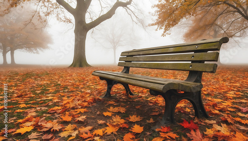 Misty Autumn Park with Vibrant Fallen Leaves and a Worn Bench, Infused with Mystery