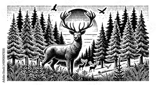 deer with antlers in a forest sun moon engraving black and white outline