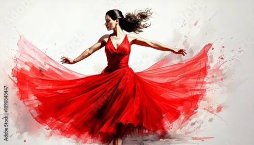 watercolor of a woman dancing in a red dress with empty copy space