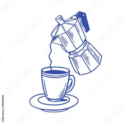 An Illustration Depicting a Coffee Pot Pouring Fresh Coffee into a Cup on a Table