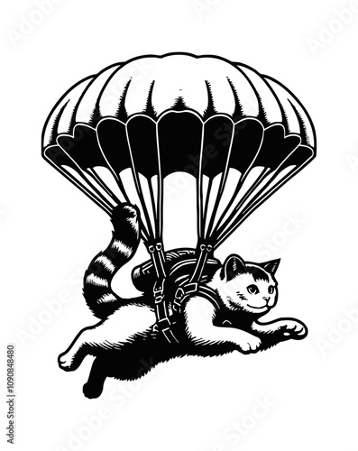 cat wearing a parachute engraving black and white outline