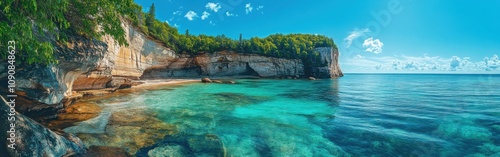 Explore the breathtaking blue waters and rugged cliffs of Pictured Rocks National Lakeshore on a sunny day in summer
