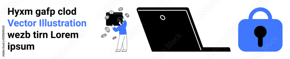 Photographer capturing image with camera next to laptop and padlock icon. Ideal for photography, technology, security, online courses, blogging, digital marketing, data protection. Banner for landing Photographer capturing image with camera next to laptop and padlock icon. Ideal for photography, technology, security, online courses, blogging, digital marketing, data protection. Banner for landing