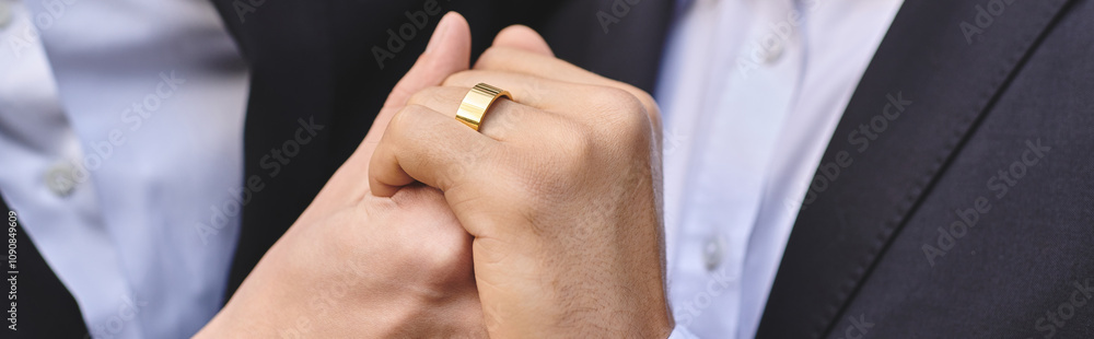 Fototapeta premium Two young and handsome men clasp hands, showcasing a beautiful golden ring that symbolizes their deep bond. Surrounded by warm sunlight, they share a tender moment filled with joy.