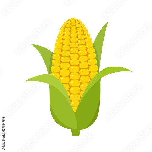 Ripe yellow corn with green leaves in flat design on white background.