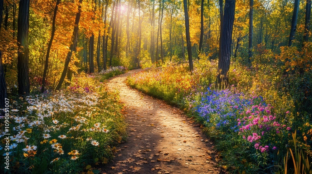 Fototapeta premium A serene winding path through a vibrant forest during golden hour with blooming flowers lining the trail