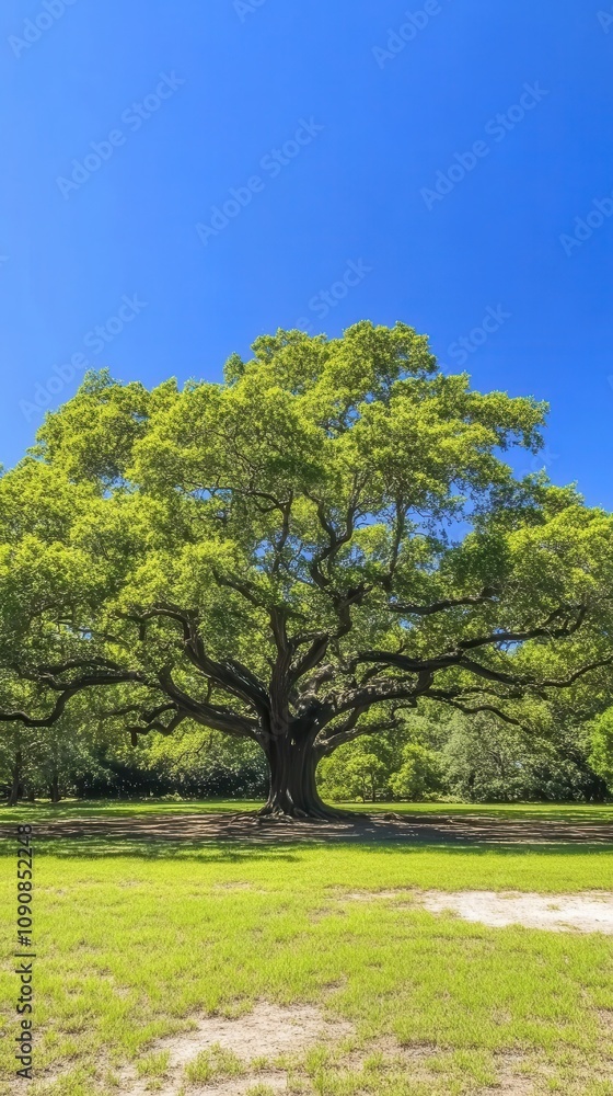 A beautiful view of the majestic Angel Oak tree under a bright blue sky in Charleston, South Carolina showcasing its wide canopy and lush surroundings A beautiful view of the majestic Angel Oak tree under a bright blue sky in Charleston, South Carolina showcasing its wide canopy and lush surroundings