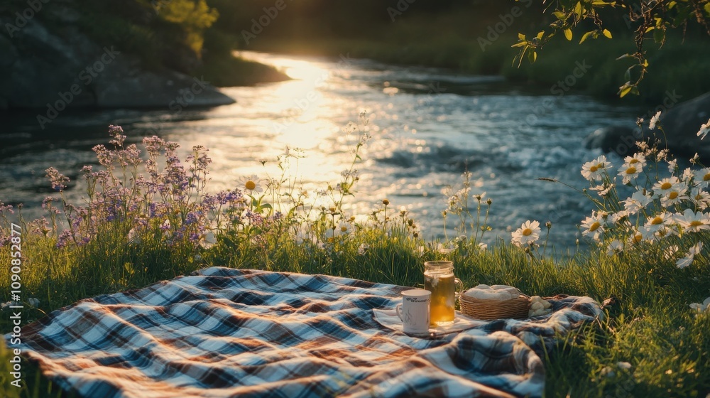 Naklejka premium Relaxing riverside picnic with snacks and drinks during a sunny afternoon by the water