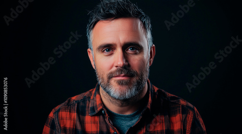 happy, studio portrait of a man in his 30s, front mugshot, looking at the camera, facing the camera straight ahead, random clothes. color style