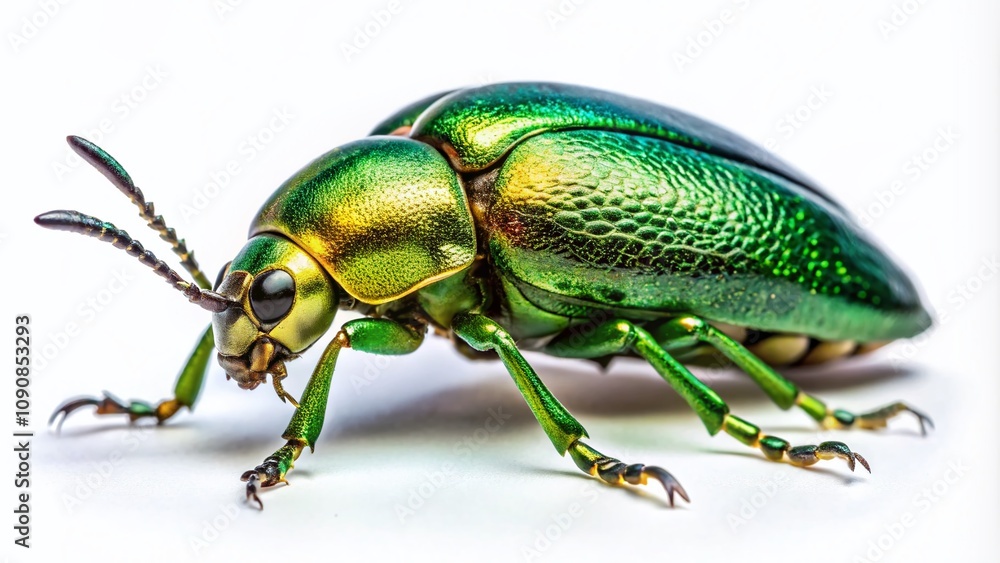 Isolated Green Beetle on White Background with Ample Copy Space for Nature and Entomology Related Themes and Projects Isolated Green Beetle on White Background with Ample Copy Space for Nature and Entomology Related Themes and Projects