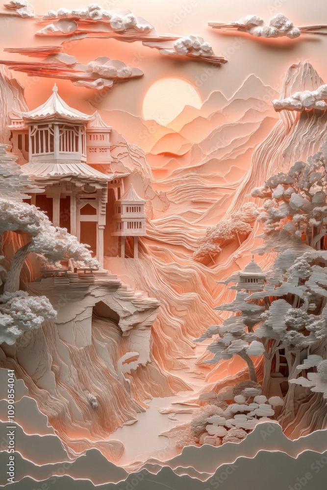 Obraz premium Hyperrealistic 3D Chinese Landscape Wallpaper: A Layered Artistic Journey