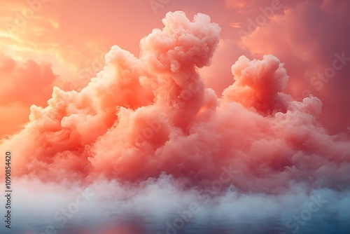 Pink and orange clouds fill the sky at sunset or sunrise. photo