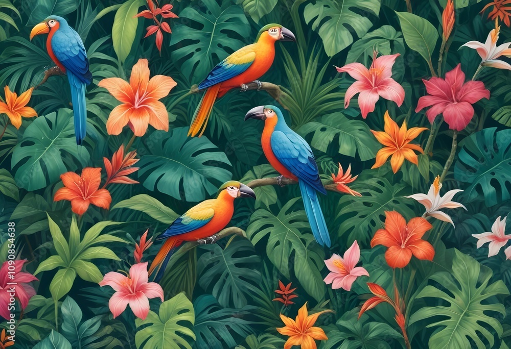 Tropical exotic pattern with animal and flowers in bright colors and lush vegetationn Tropical exotic pattern with animal and flowers in bright colors and lush vegetationn