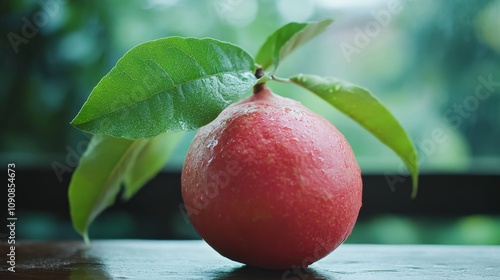 Fresh Ripe Guava with Green Leaves - Close-up of a single, fresh, ripe guava still attached to its branch with vibrant green leaves.  Represents freshness, nature, health, tropical fruit, and wholesom photo