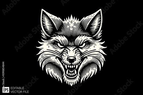 fox head illustration black and white vector design