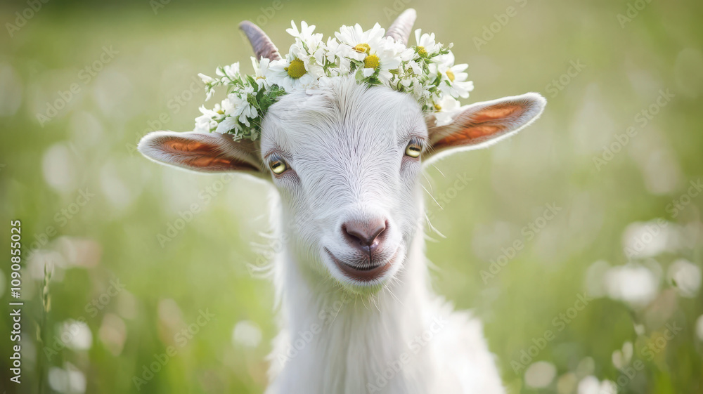 Obraz premium Goat with a Flower Crown