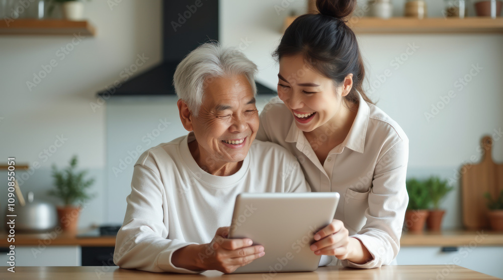 Joyful Moments Between an Elderly Man and Young Woman in a Bright Kitchen Joyful Moments Between an Elderly Man and Young Woman in a Bright Kitchen