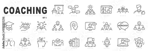 Set of coaching related line icons. Training, mentoring, leadership, workshop etc. Editable stroke. Set 3