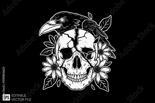 skull and raven tattoo illustration black and white vector design