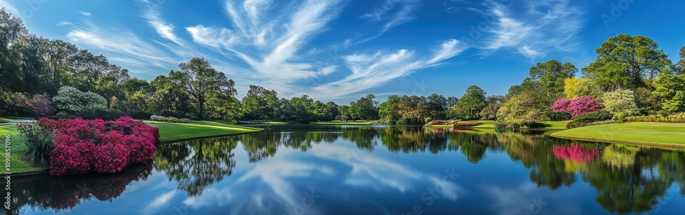 Obraz premium A stunning view of a historic plantation with blooming flowers and a serene reflecting pond under a clear blue sky