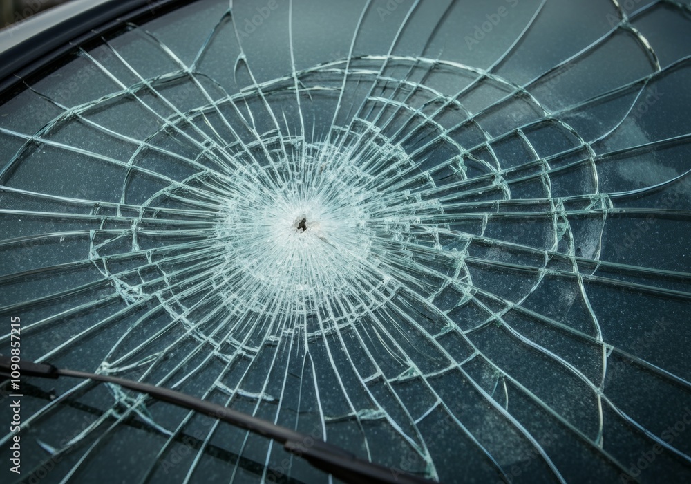 Obraz premium Cracked windshield with detailed shatter patterns on glass surface