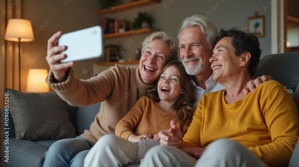 Fototapeta premium Multigenerational Family Enjoying a Cozy Selfie Moment on the Sofa